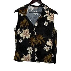 Aloha Hut Hawaii Rayon‎ Tank Top Size L Black Floral Hawaiian Tropical Y2K